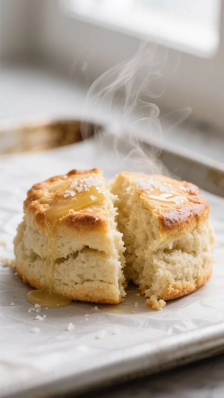 Close-up detail: Warm keto coconut flour biscuit just out of the oven, split open to reveal a fluffy