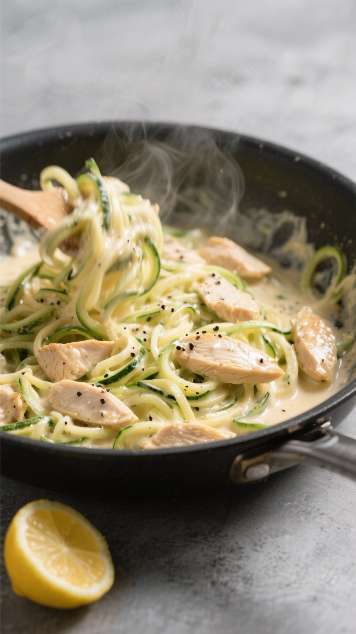Cooking process action still: Zoodles being tossed in the finished Alfredo and chicken for the final
