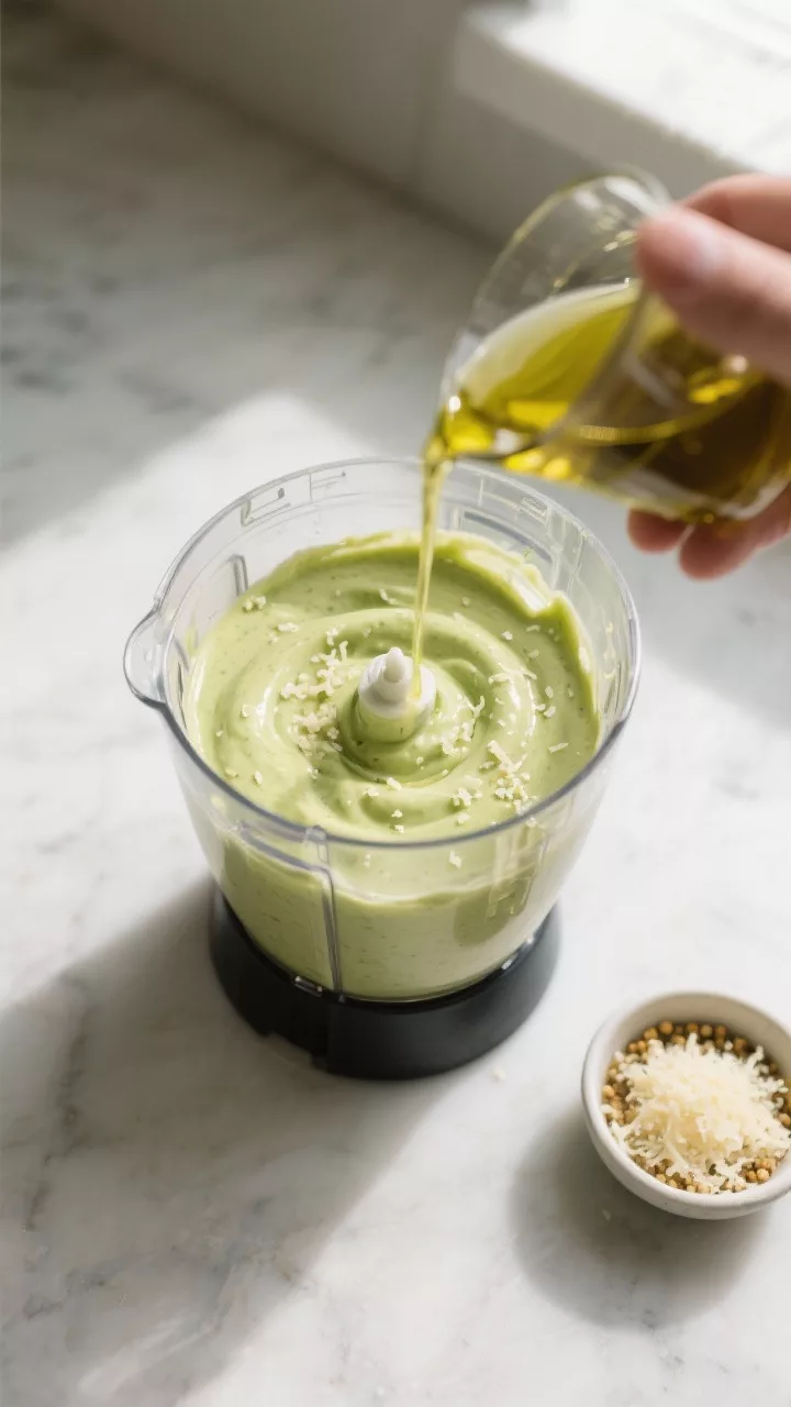 Cooking process: Avocado Caesar dressing being blended to silky smoothness in a clear high-speed ble