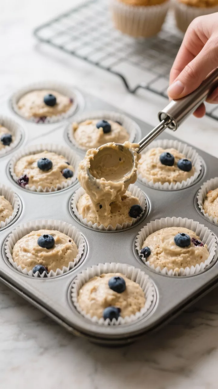 Cooking process: Batter being portioned into a 12-cup muffin tin lined with papers—thick, scoopabl