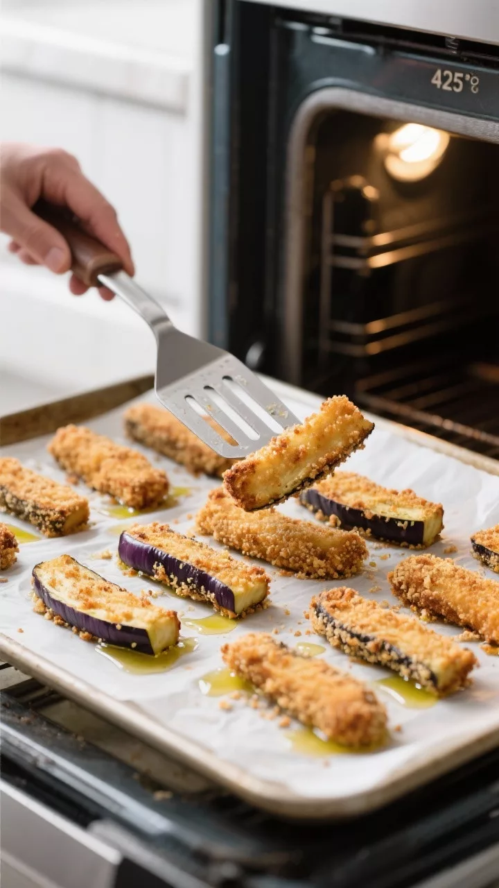 Cooking process: Breaded eggplant fry sticks arranged in a single, uncrowded layer on a parchment-li