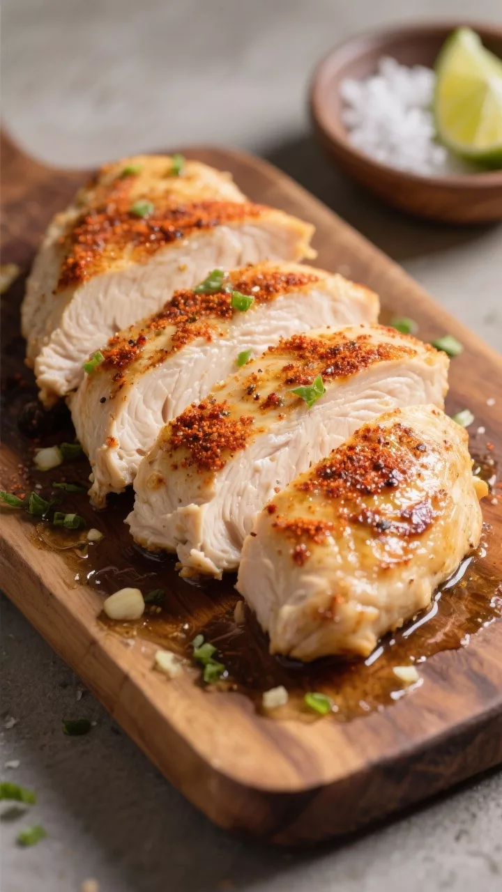 Cooking process, close-up detail: Juicy seared chicken breasts resting on a wooden board after cooki