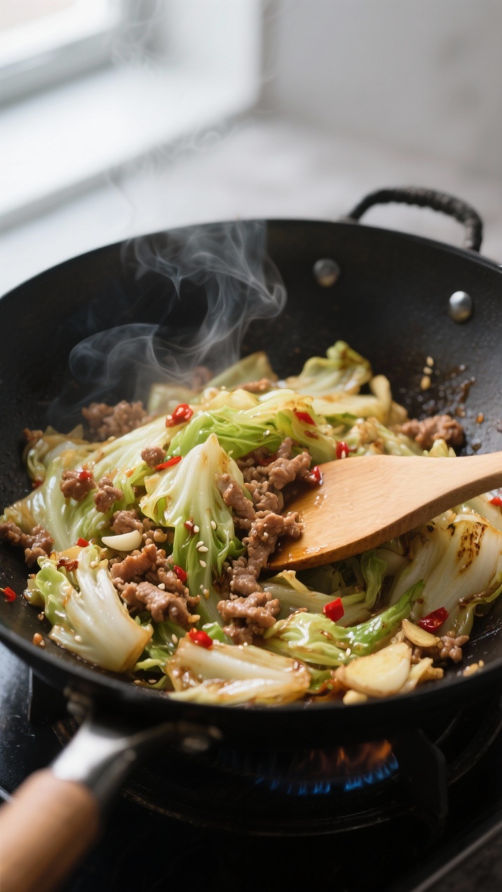 Cooking process, close-up detail: Sizzling low-carb cabbage stir fry in a black carbon-steel wok ove