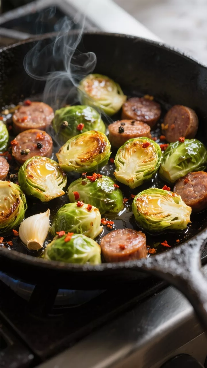Cooking process close-up: Sizzling Brussels sprouts cut-side-down in a dark cast-iron skillet, deepl