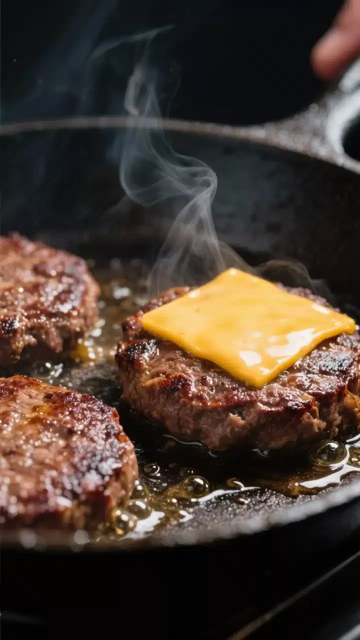 Cooking process close-up: Sizzling keto beef patties (80/20) searing in a cast-iron skillet with a t