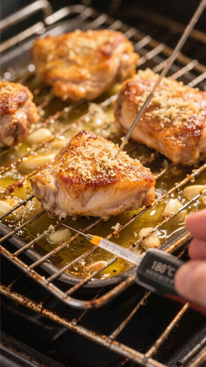 Cooking process: Garlic Parmesan Chicken Thighs roasting skin-side up on a wire rack at high heat, o