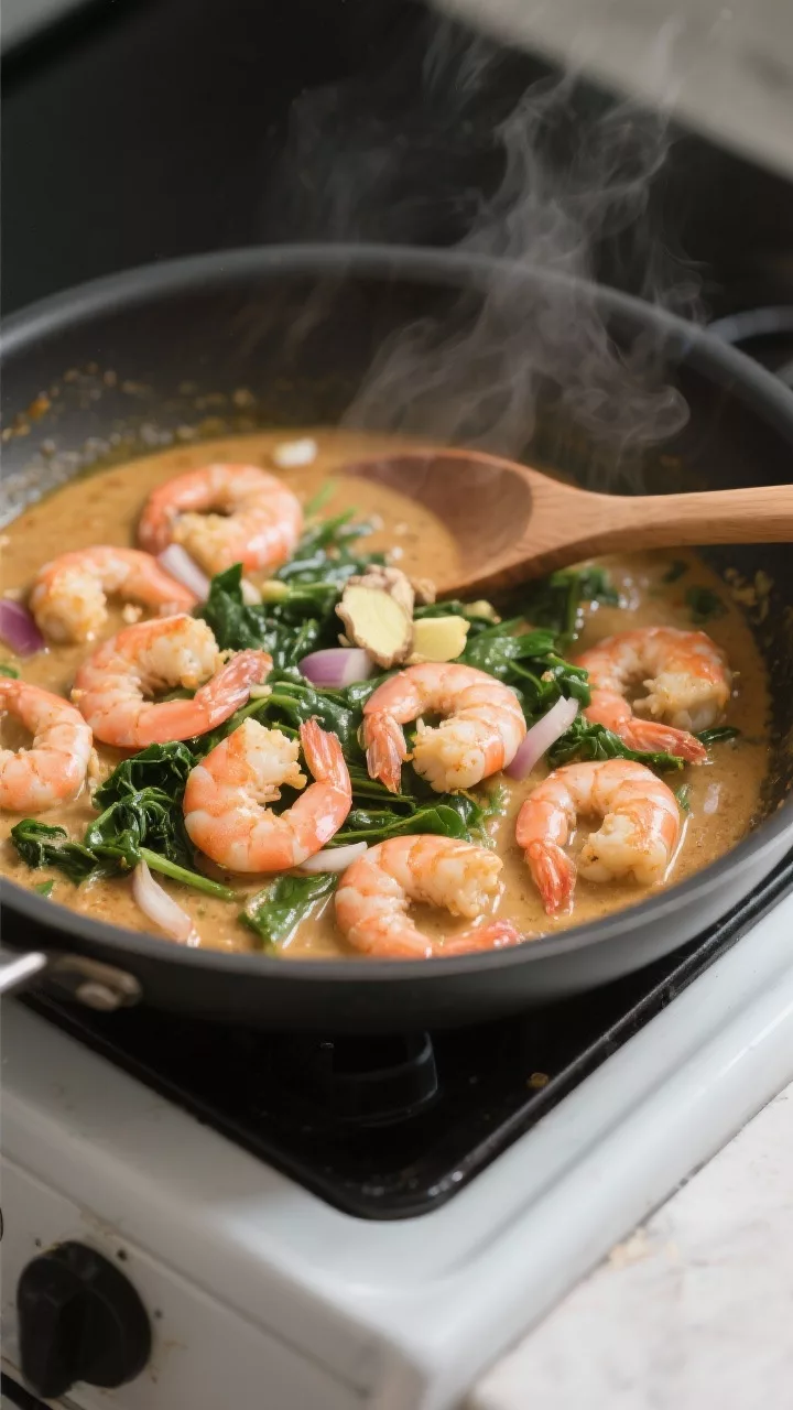 Cooking process: Keto coconut curry shrimp simmering in one pan, overhead shot of a wide skillet wit