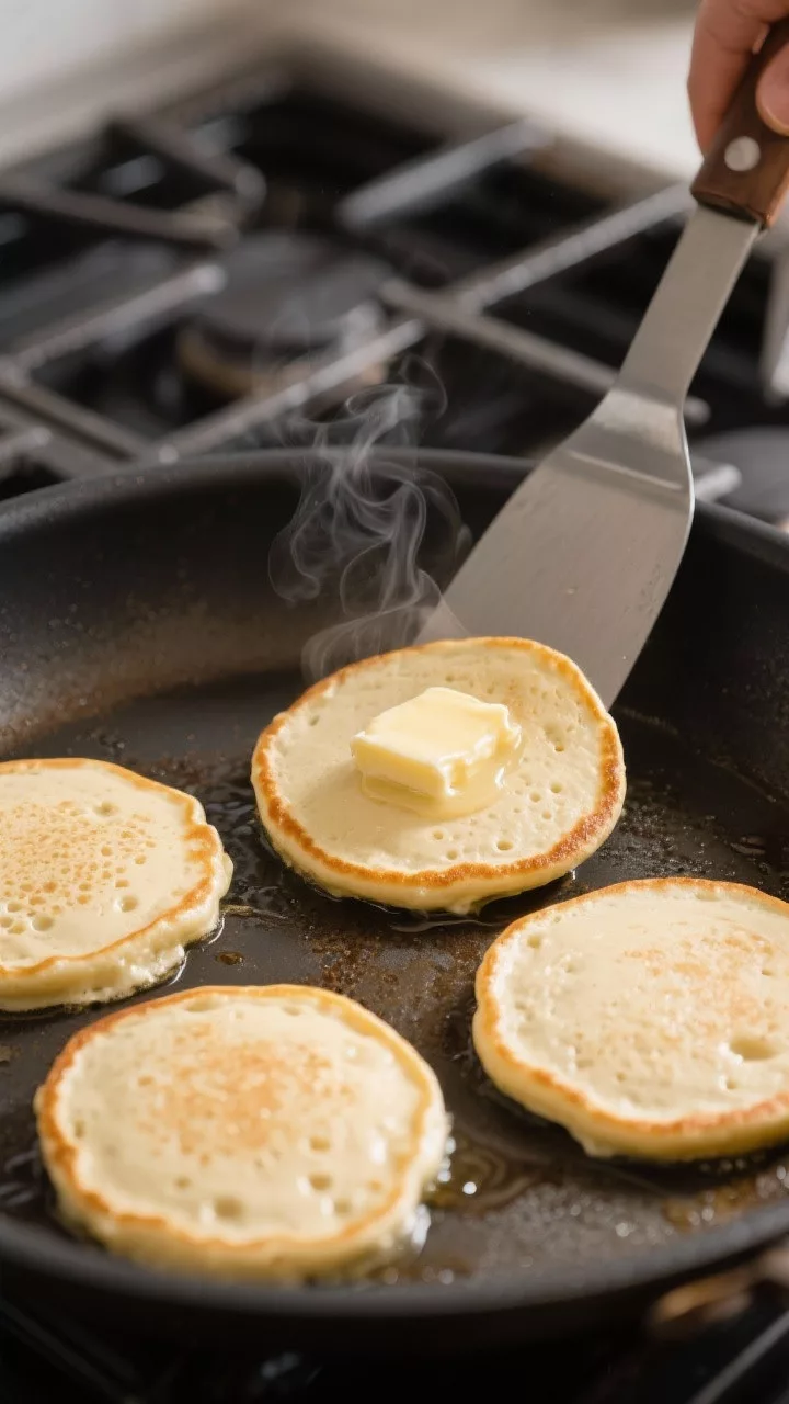 Cooking process: Keto cream cheese pancake batter portioned into neat 3-inch circles on a well-seaso