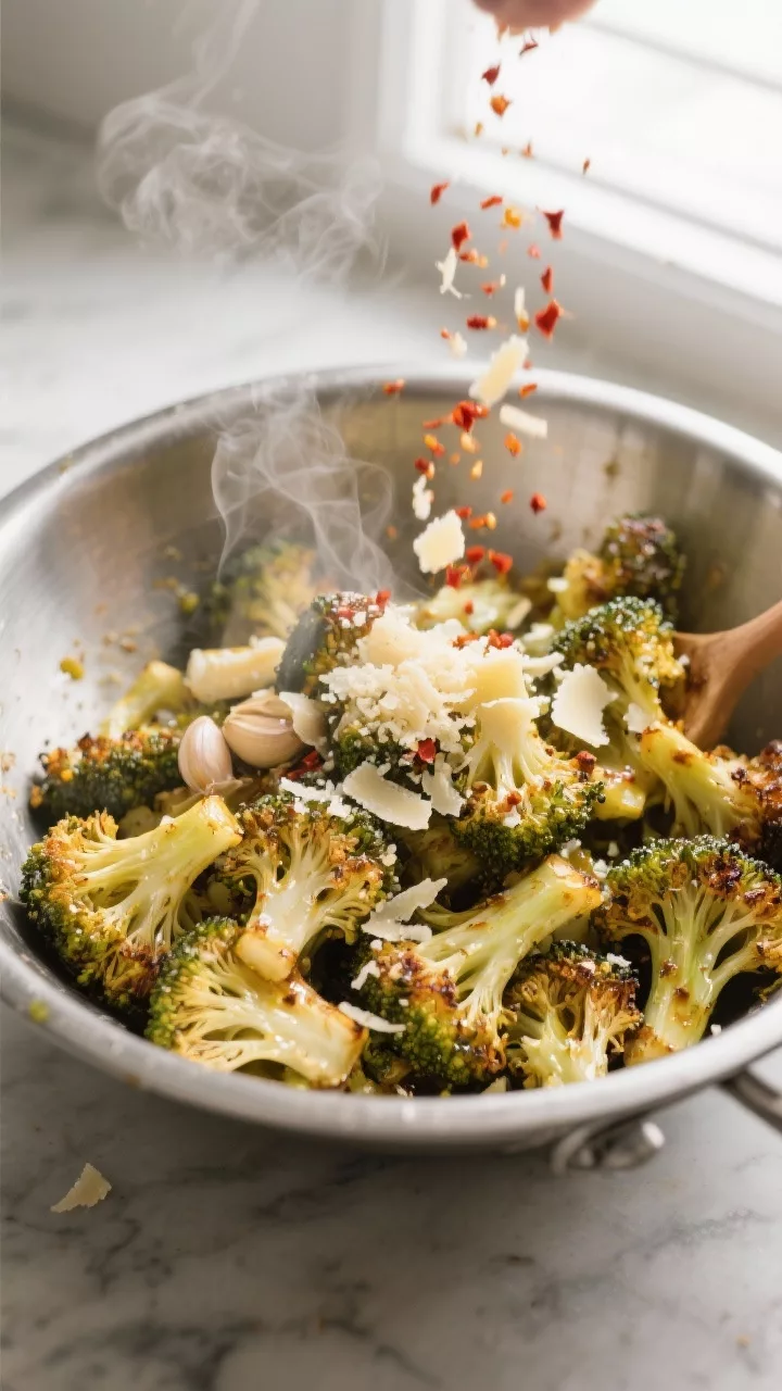 Cooking process: Keto Garlic Parmesan Broccoli being tossed in a large stainless bowl right after ro
