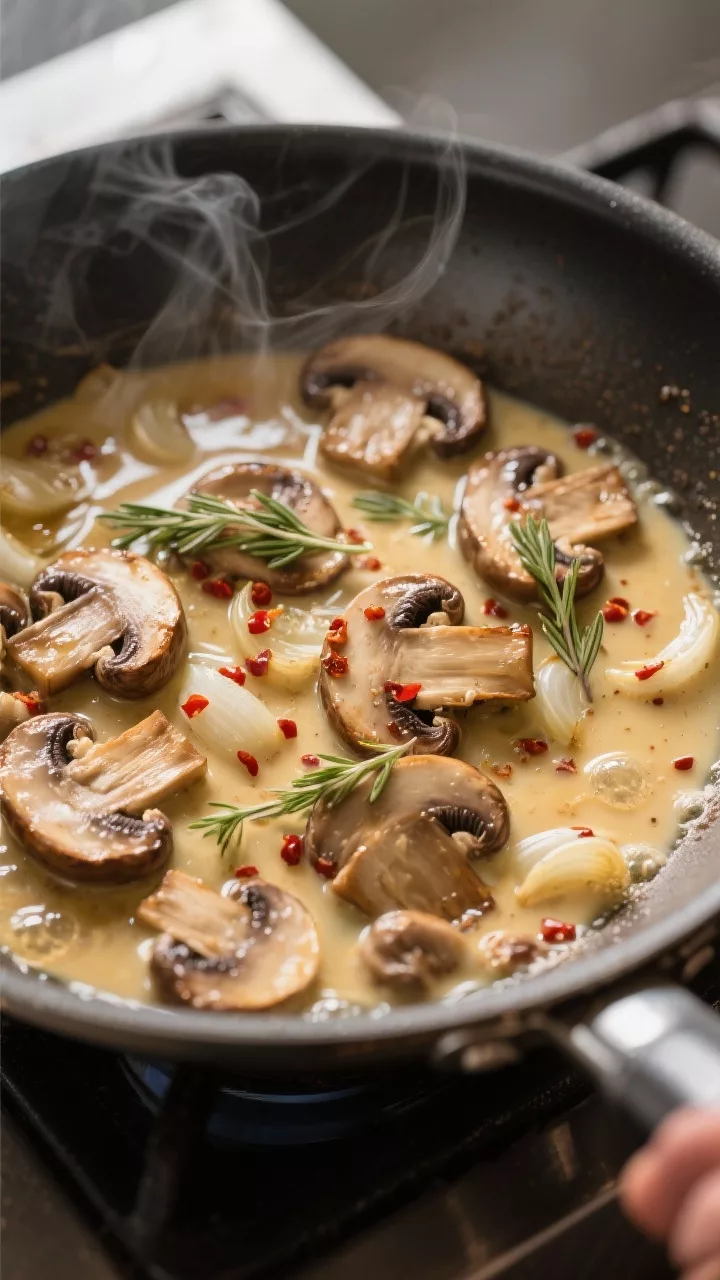 Cooking process: Mushrooms being browned in butter in a wide stainless skillet after sautéed shallo