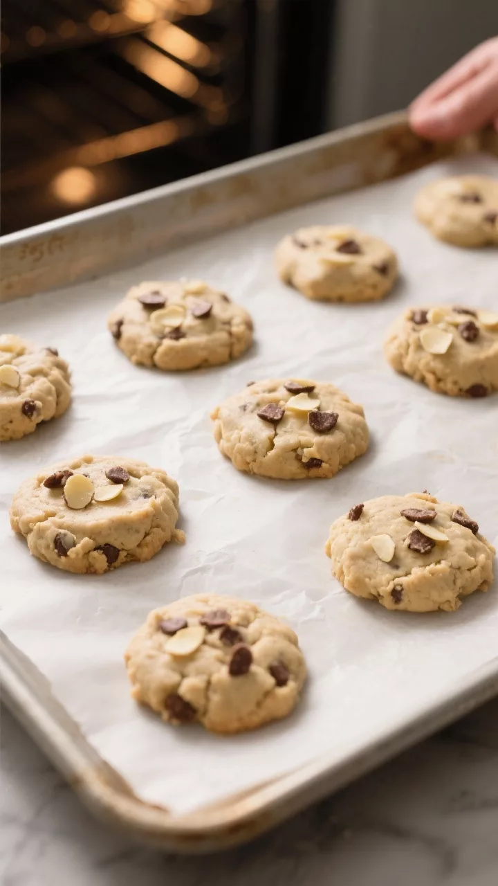 Cooking process: Overhead shot of a parchment-lined baking sheet with evenly spaced, gently flattene