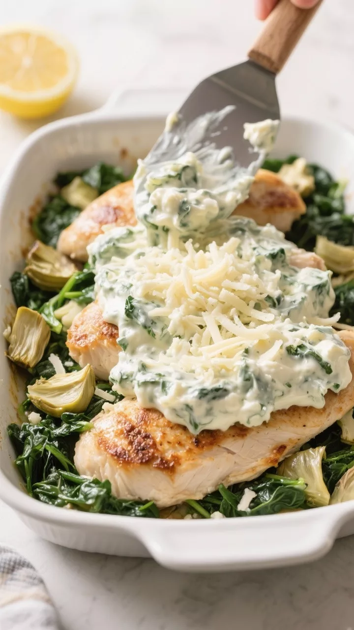 Cooking process: Overhead shot of assembling the bake—seared chicken breasts nestled in a casserol