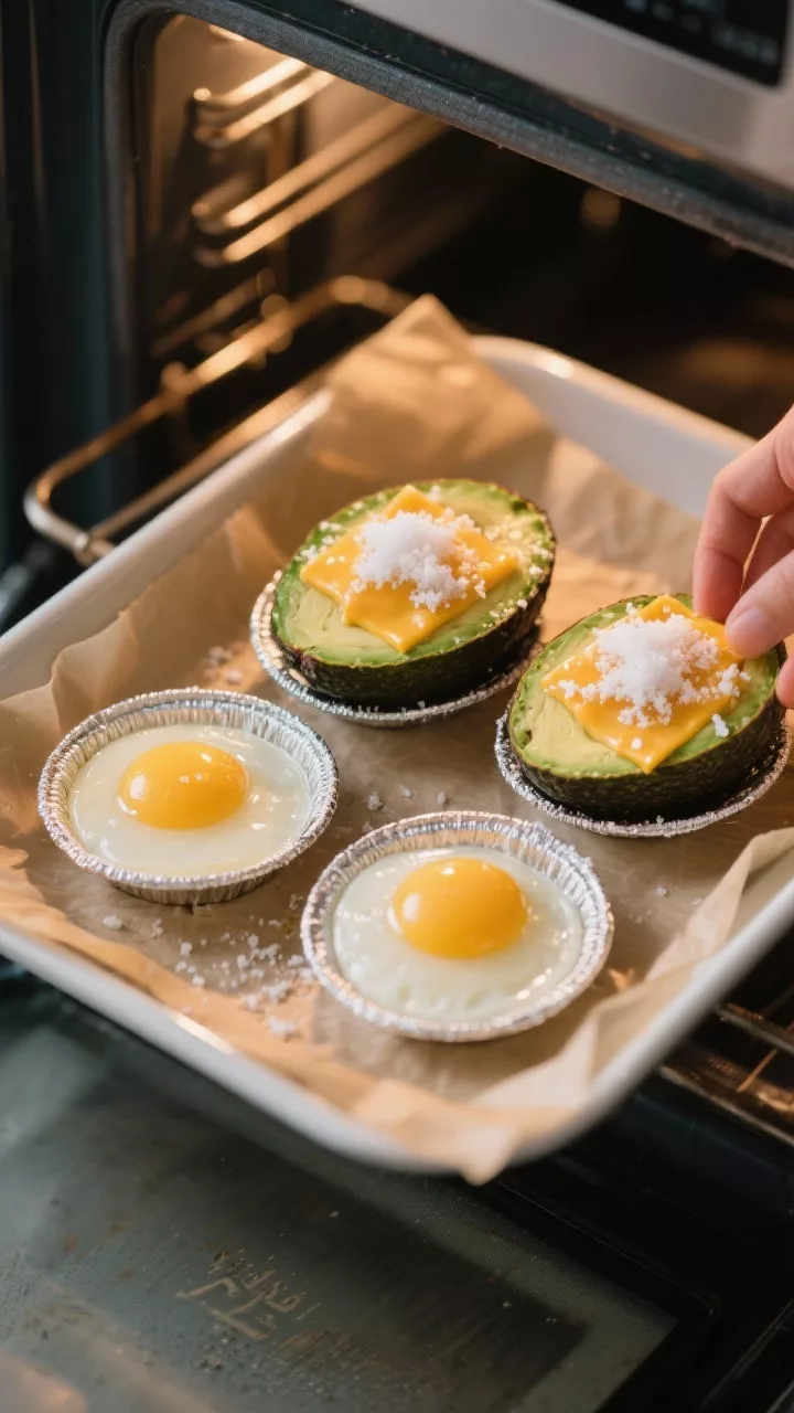 Cooking process: Overhead shot of avocado halves in a parchment-lined, high-sided baking dish inside
