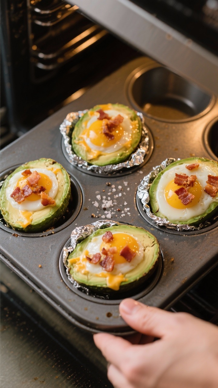 Cooking process: Overhead shot of avocado halves stabilized snugly in a muffin tin, each filled with