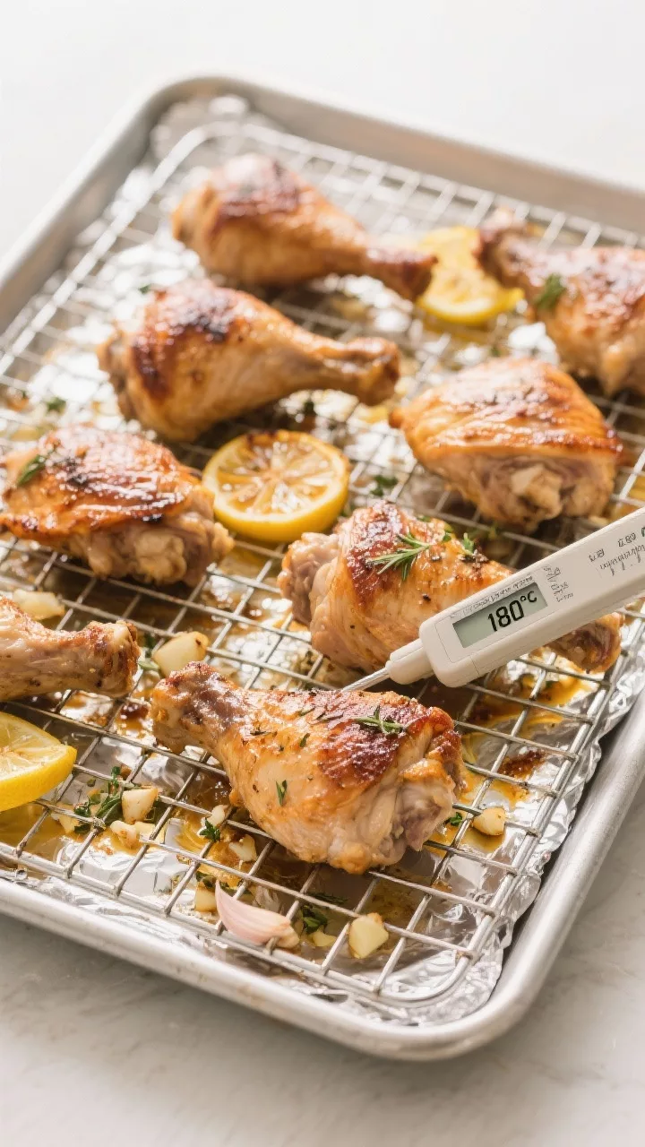 Cooking process: Overhead shot of chicken thighs roasting on a wire rack set over a foil-lined sheet