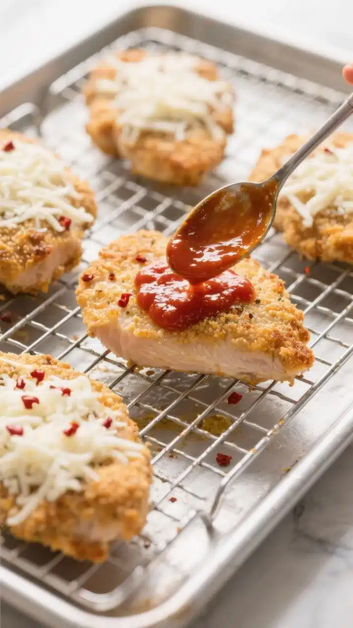 Cooking process: Overhead shot of coated chicken cutlets on a wire rack set over a sheet pan, mid-ba