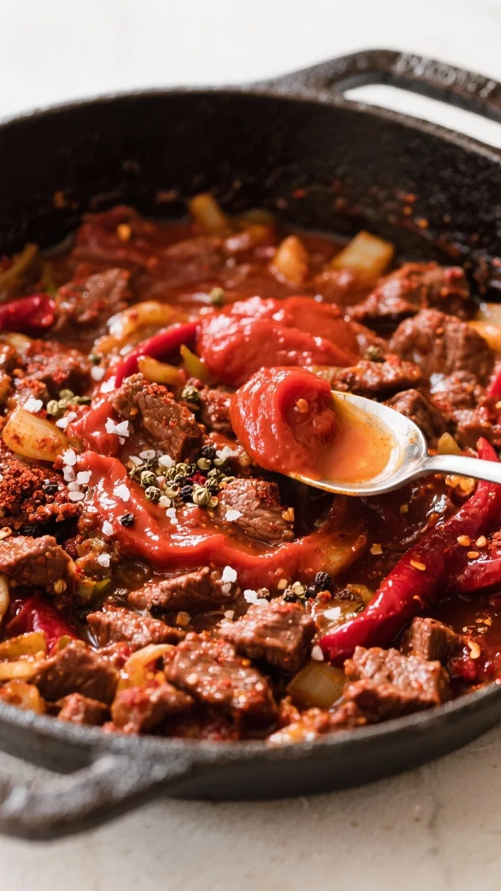 Cooking process: Overhead shot of the chili during the “bloom the spices” stage in a cast-iron p