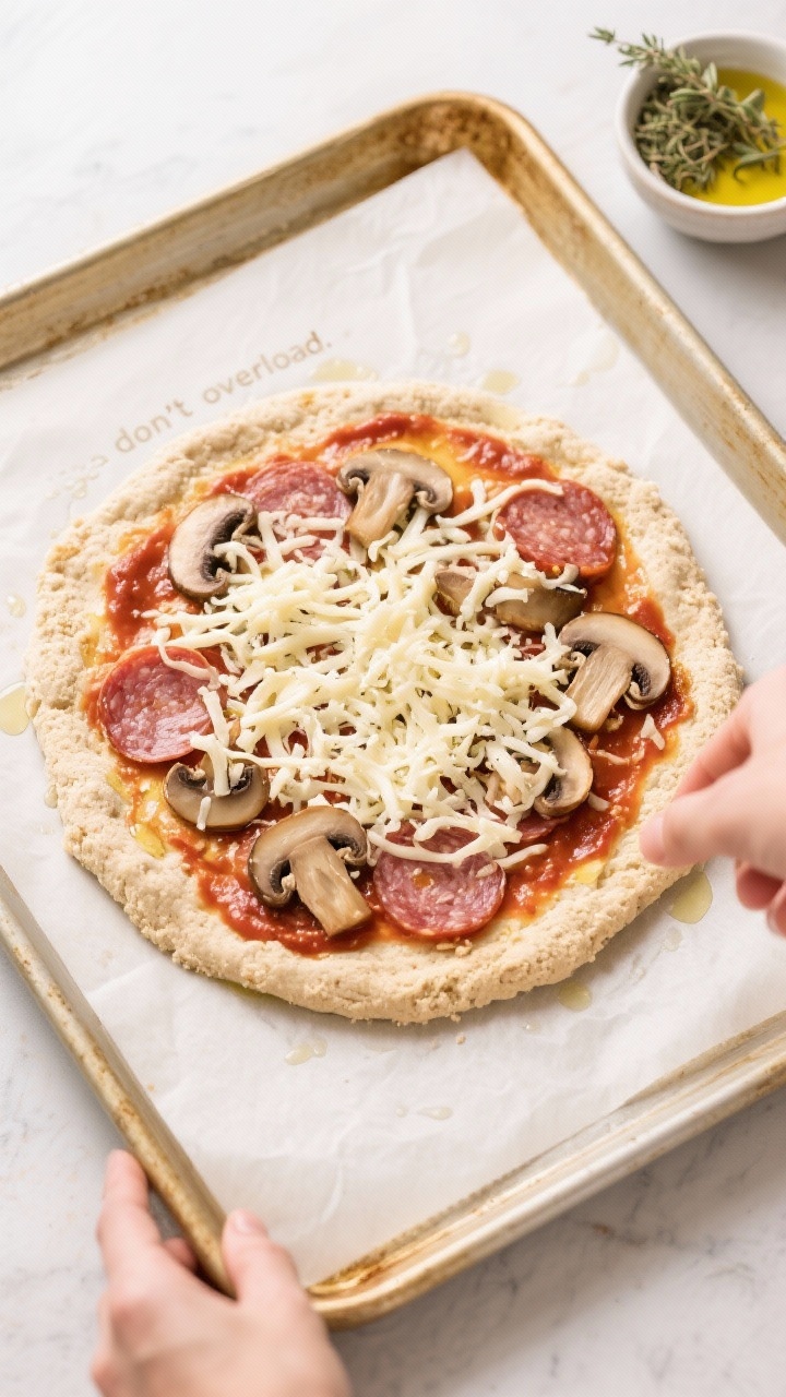 Cooking process: Overhead shot of the par-baked almond flour crust on parchment-lined pan at 425°F,