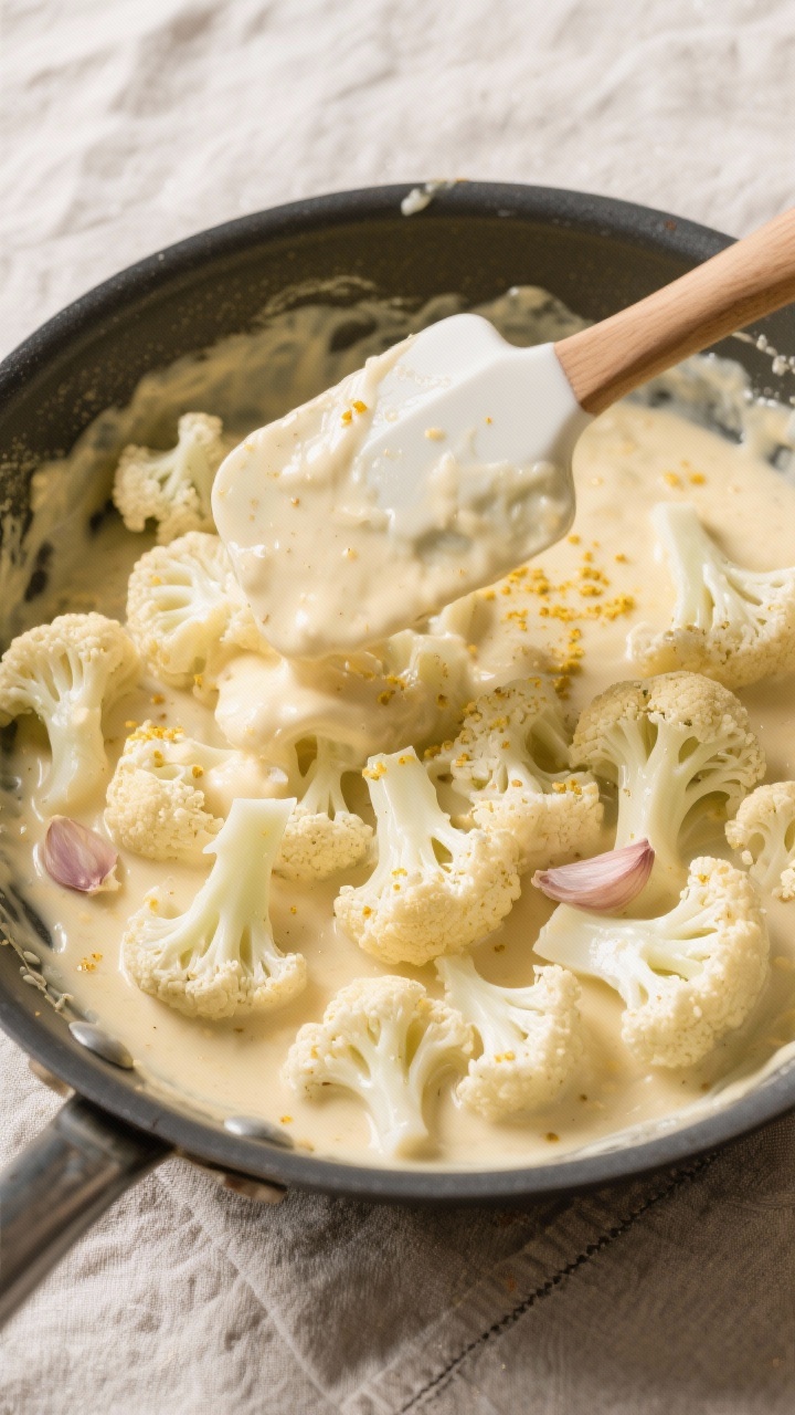 Cooking process: Overhead shot of the par-cooked cauliflower florets being folded into the smooth ch