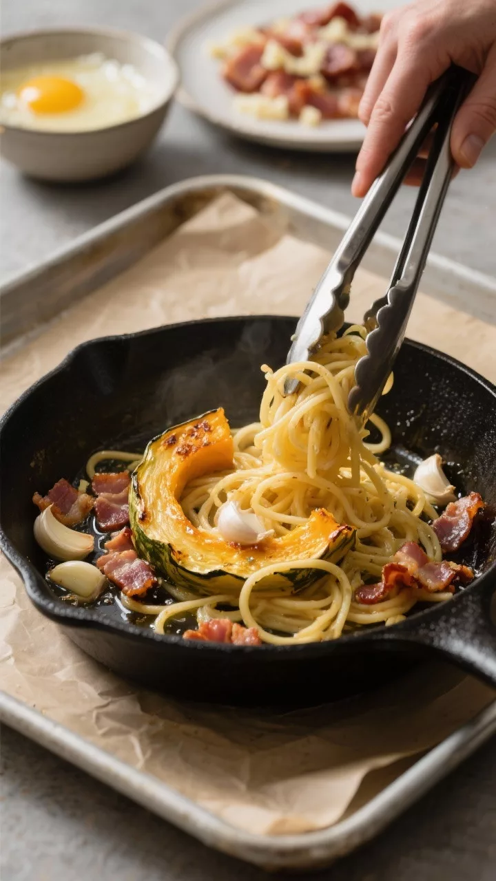 Cooking process: Pancetta carbonara stage in the pan—sautéed garlic blooming in reserved bacon fa