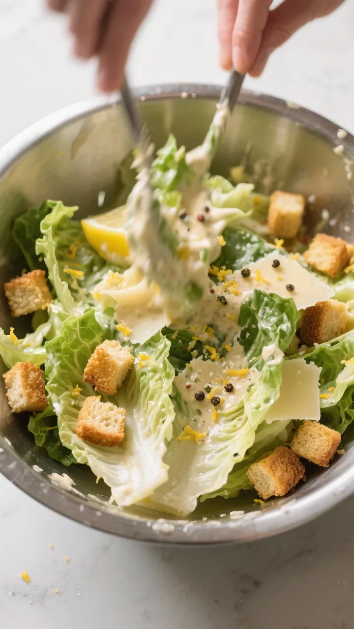 Cooking process: Romaine hearts torn and already dried being tossed in a large stainless bowl with g