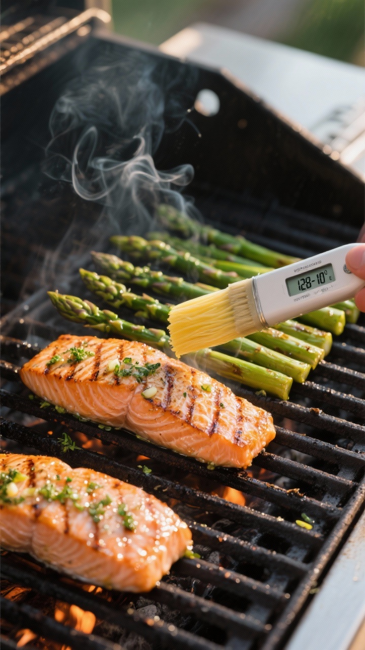 Cooking process: Salmon and asparagus on outdoor grill grates at medium-high heat, overhead 3/4 angl