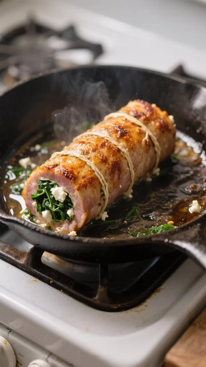 Cooking process — Searing: Spinach and feta stuffed pork tenderloin roll being seared in an oven-s