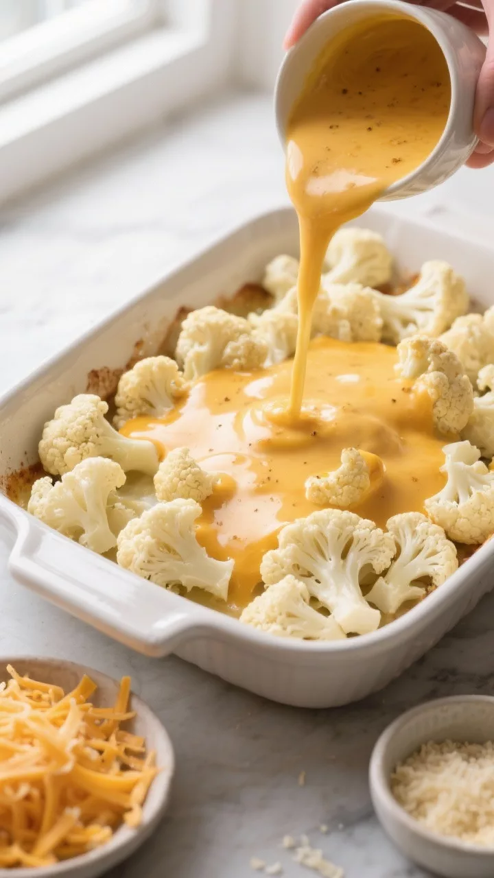 Cooking process shot: Overhead view of a casserole dish as rich, glossy cheddar–Gruyère cheese sa
