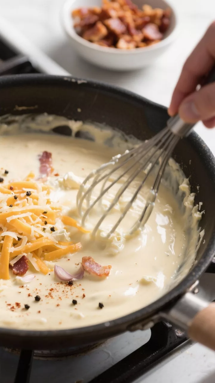 Cooking process: The creamy cheese sauce being whisked in a skillet with reserved bacon fat—cream 
