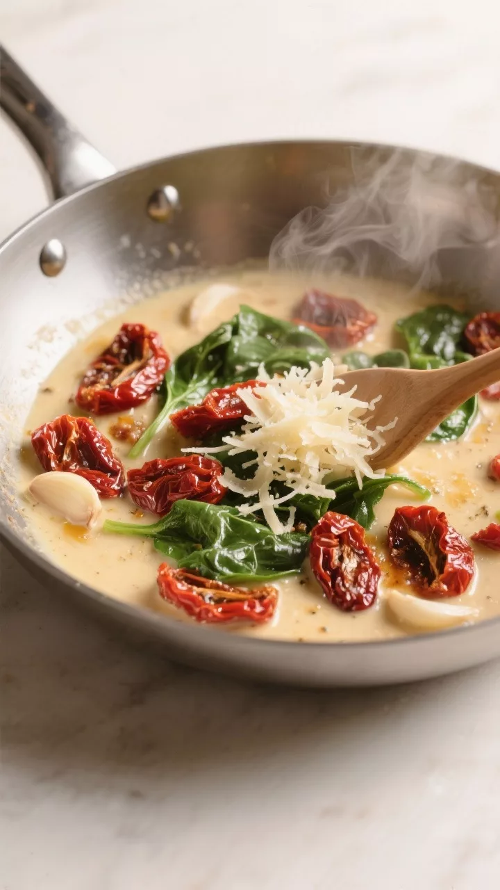 Cooking process: The sauce-building moment in a stainless-steel skillet—sun-dried tomatoes sizzlin