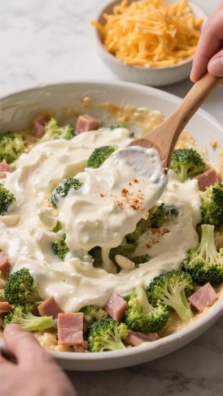 Cooking process: The sauced mixture being folded together in a large bowl—silky cream cheese–hea