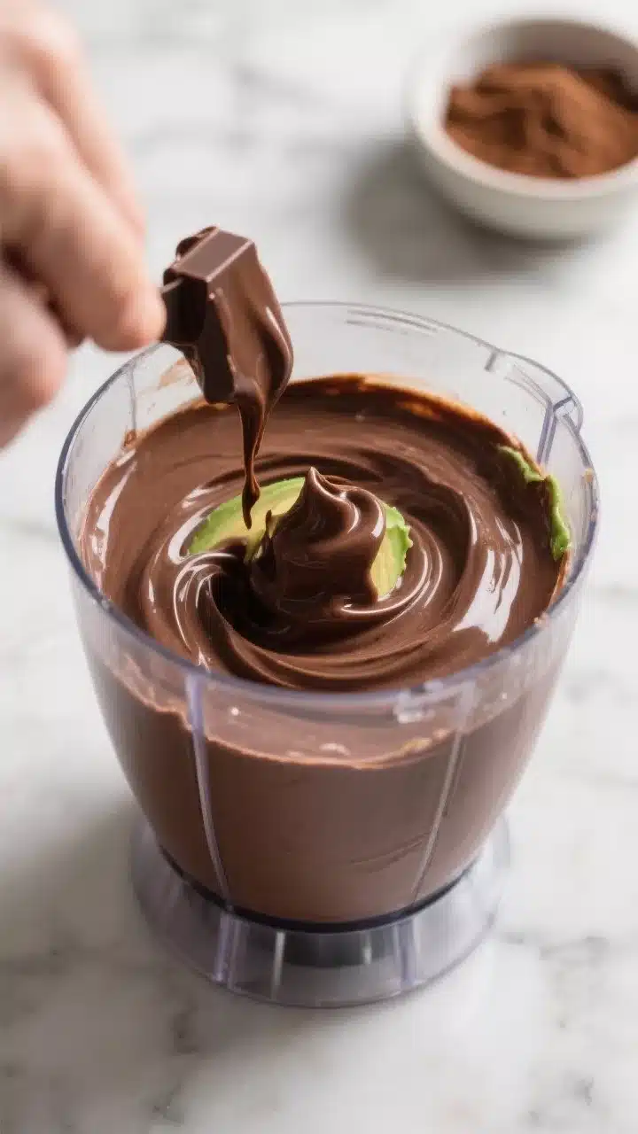 Cooking process, ultra-smooth blend: Silky keto chocolate avocado mousse mid-prep in a high-speed bl