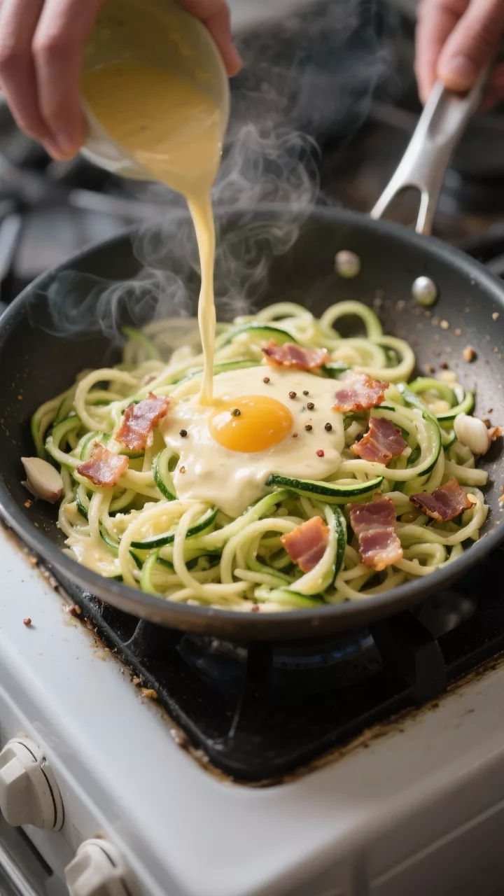 Cooking process: Zucchini noodles being tossed in a wide skillet with crisped pancetta and fragrant 