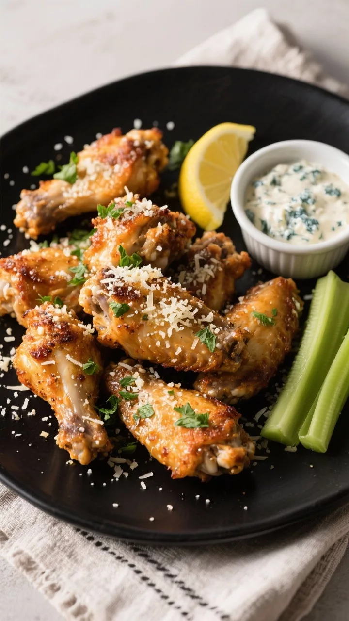 Final dish overhead: Keto Garlic Parmesan Chicken Wings plated on a matte black platter, generously