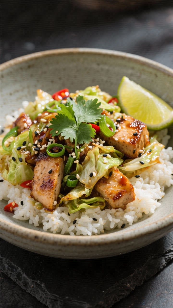 Final dish, plated presentation: Restaurant-quality bowl of Low-Carb Cabbage Stir Fry served over fl