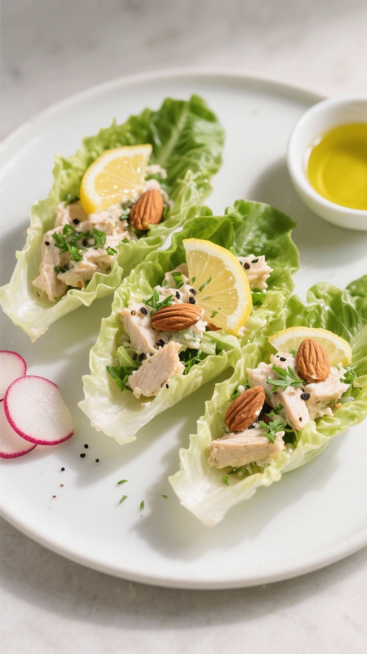 Final dish presentation: Beautifully plated Keto Chicken Salad Lettuce Wraps—three romaine leaf bo