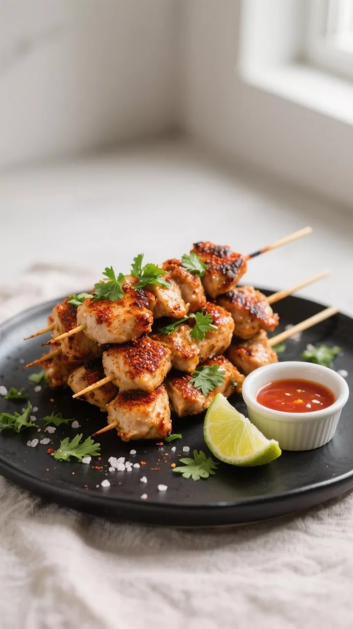 Final dish presentation: Beautifully plated Spicy Keto Chicken Skewers stacked on a matte black plat