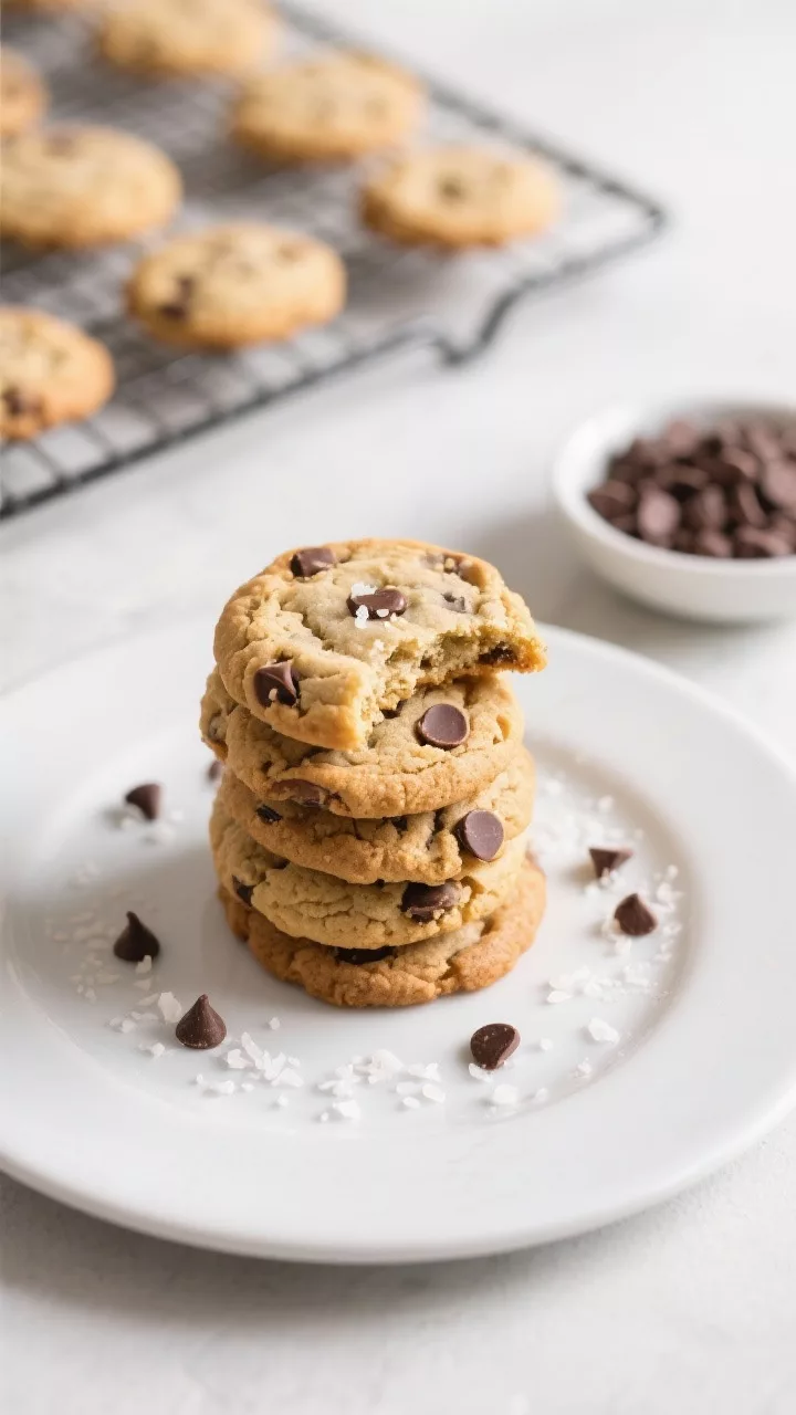 Final dish presentation: Beautifully plated stack of keto chocolate chip cookies on a matte white pl