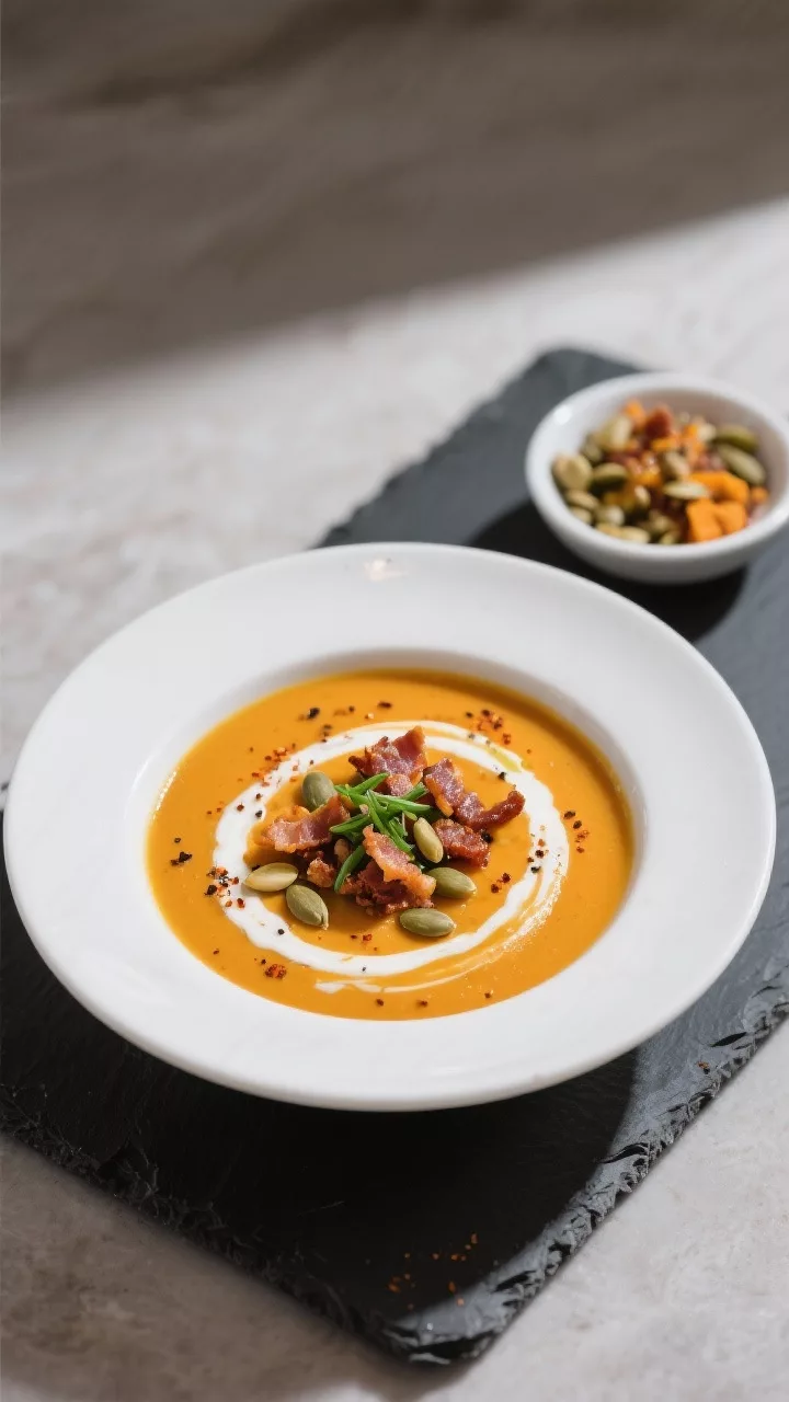 Final dish presentation: Restaurant-quality bowl of keto pumpkin soup with a luxurious swirl of heav