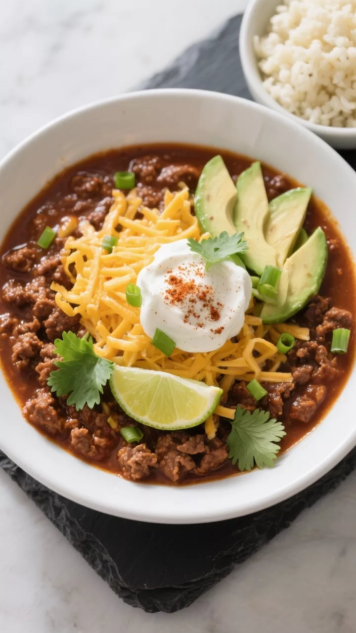 Final dish presentation: Restaurant-quality bowl of keto ground beef chili served top-down in a wide