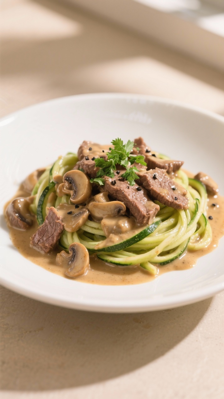 Final dish presentation: Restaurant-quality keto beef stroganoff plated over a neat twirl of zucchin