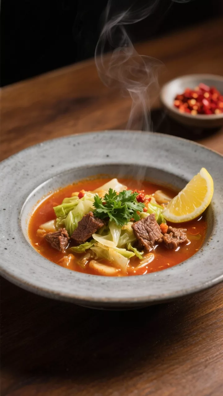 Final dish presentation: Restaurant-quality plated bowl of Keto Cabbage Beef Soup with a silky, clea