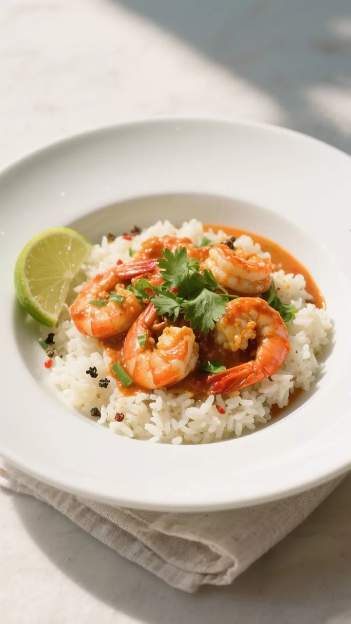 Final dish presentation: Restaurant-quality plating of coconut curry shrimp over fluffy cauliflower 