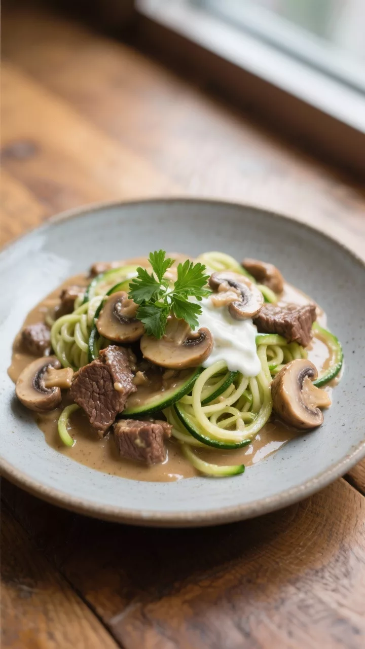 Final dish presentation: Restaurant-quality plating of Beef and Mushroom Keto Stroganoff twirled alo