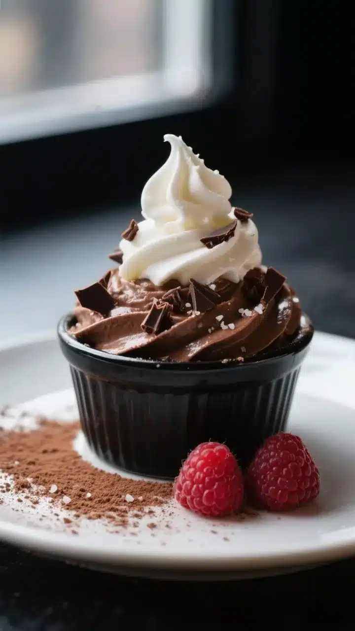 Final plated dessert, : Beautifully plated keto chocolate avocado mousse piped into a small matte-bl