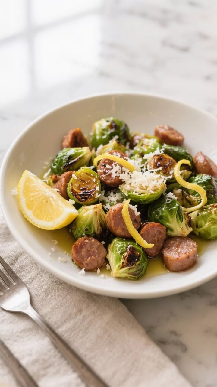Final plated dish beauty: Keto Brussels Sprouts and Sausage Skillet plated in a warm, shallow white 