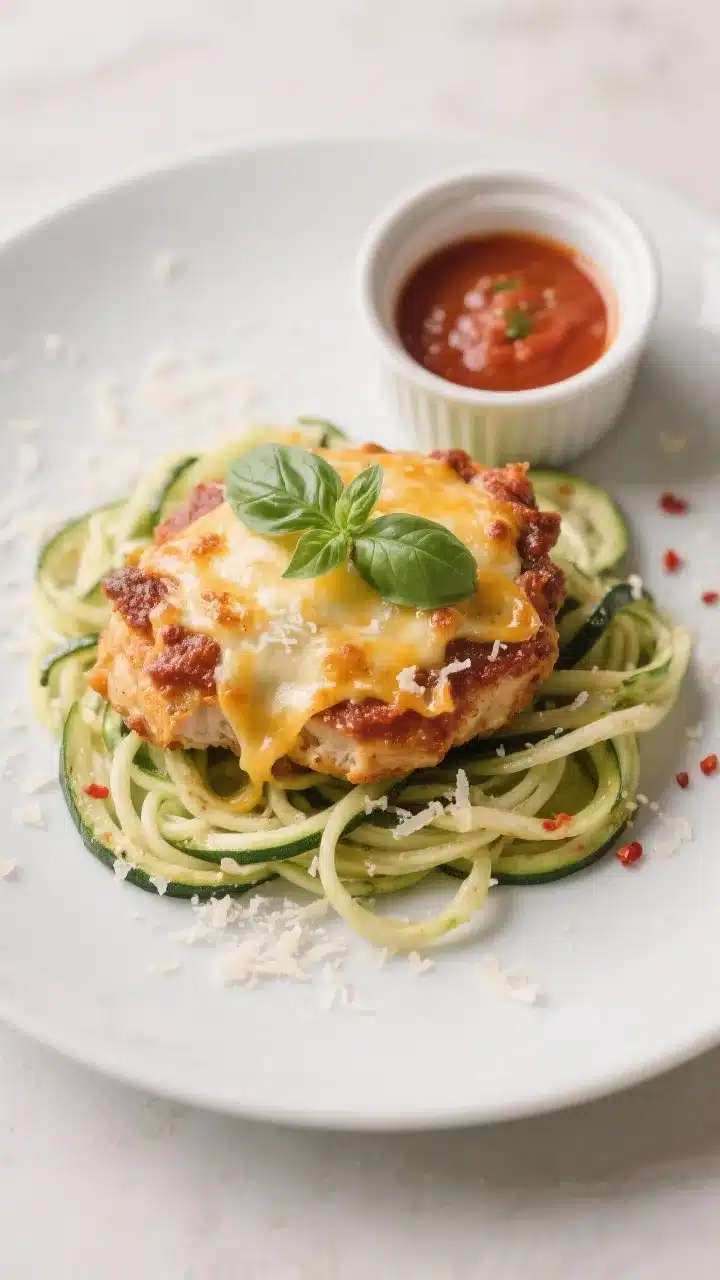 Final plated dish: Restaurant-quality presentation of Low-Carb Chicken Parmesan served on a matte wh