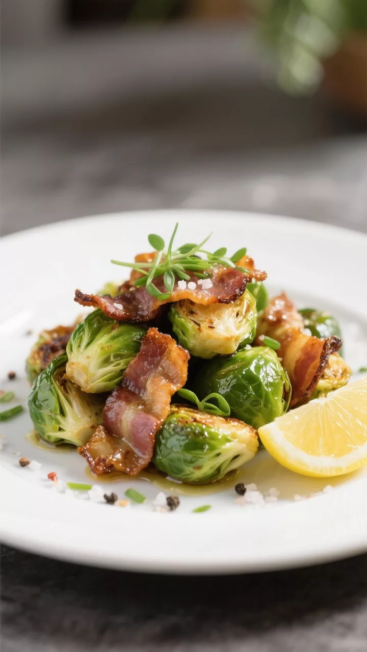 Final plated dish: Restaurant-quality presentation of Keto Roasted Brussels Sprouts with Bacon on a 
