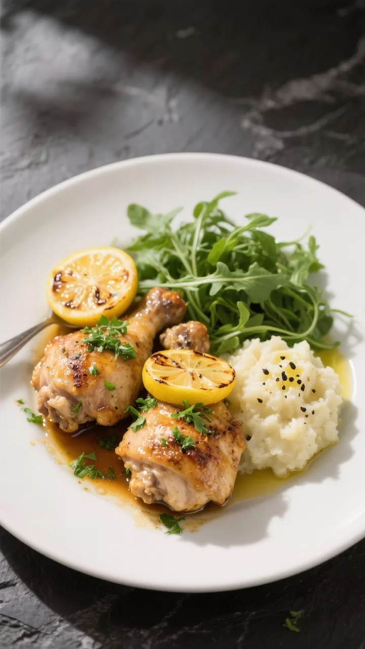 Final plated dish: Restaurant-quality presentation of Keto Lemon Herb Chicken Thighs on a matte whit