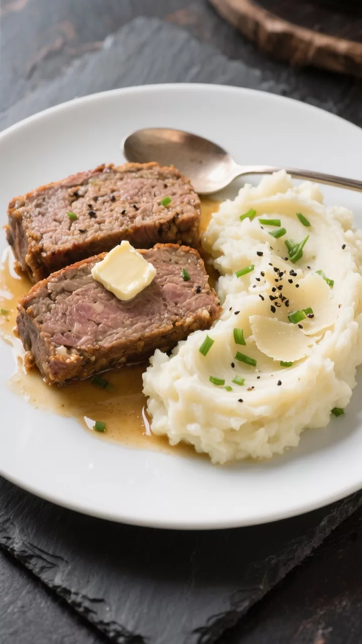 Final plated dish: Restaurant-quality presentation of two thick slices of keto meatloaf plated besid